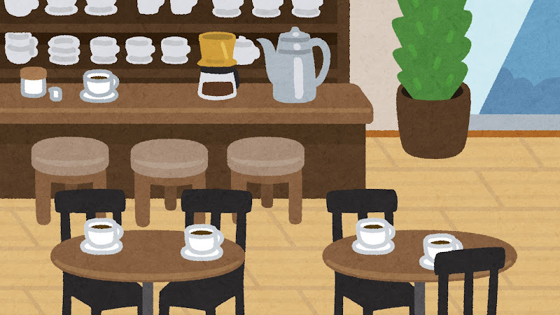 テーブル席とカウンター席のあるカフェの店内イラスト