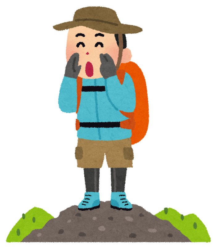 山の頂上で喜ぶ登山者のイラスト