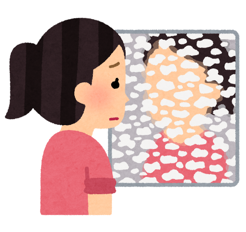 鏡についた水垢を見て困っている人のイラスト
