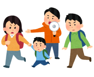 避難する人と避難誘導する人のイラスト