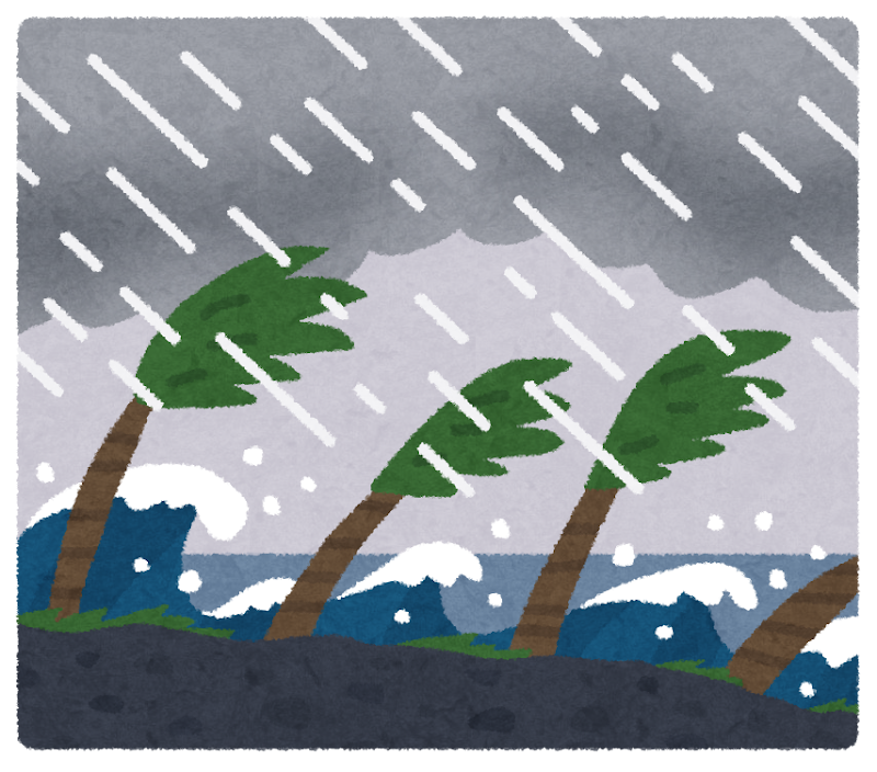 南国の海に台風が接近している様子のイラスト