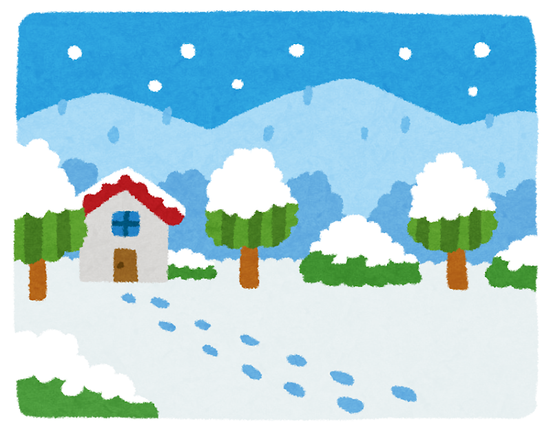 雪に覆われた家や木が並ぶ雪景色のイラスト