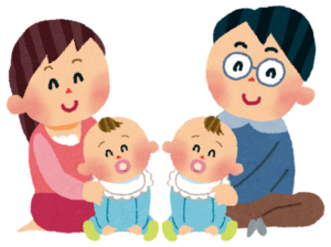 双子の赤ちゃんと家族のイラスト