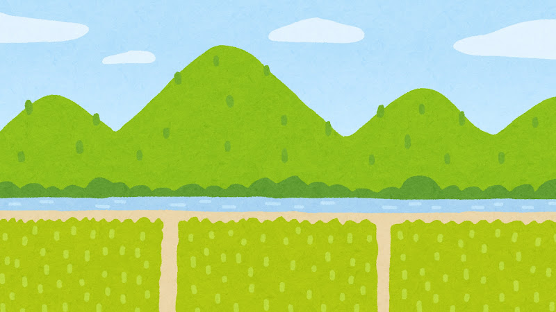 山と田んぼがある里山の風景イラスト