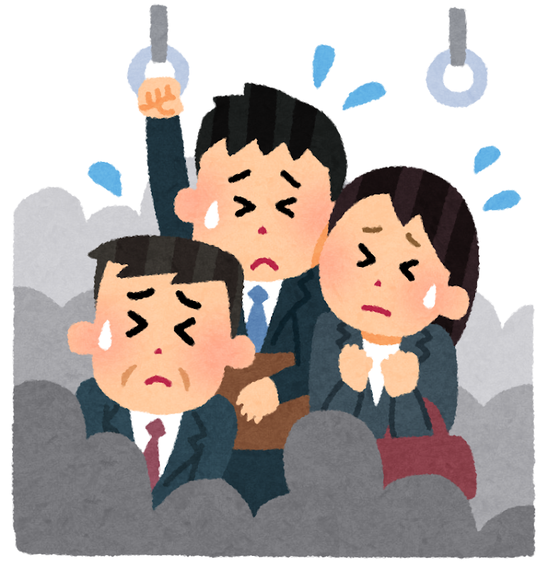 満員電車で吊り革につかまる会社員たちのイラスト