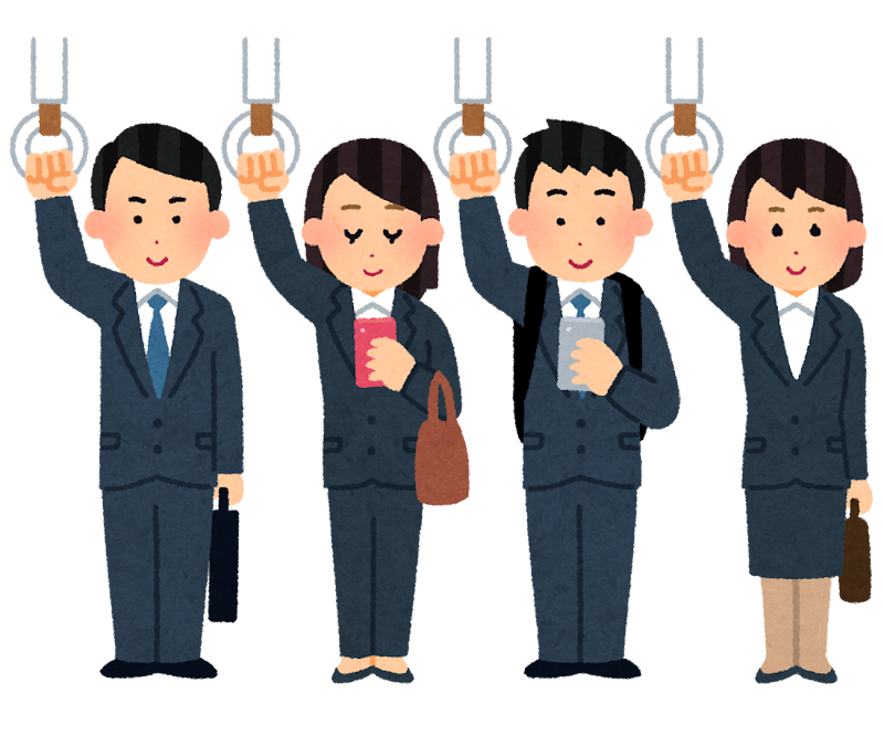 電車のつり革につかまる人たちのイラスト