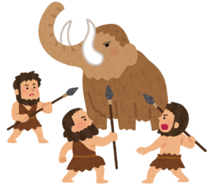 やりを持ってマンモスを狩る原始人のイラスト