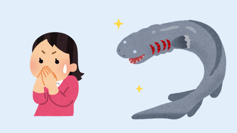 歯むき出しのサメに驚く女性のイラスト
