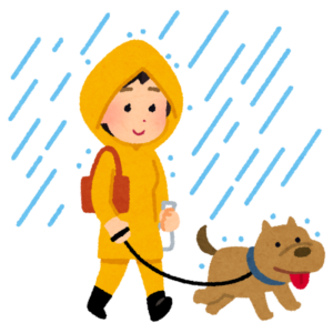 雨の中で犬を散歩させる人のイラスト