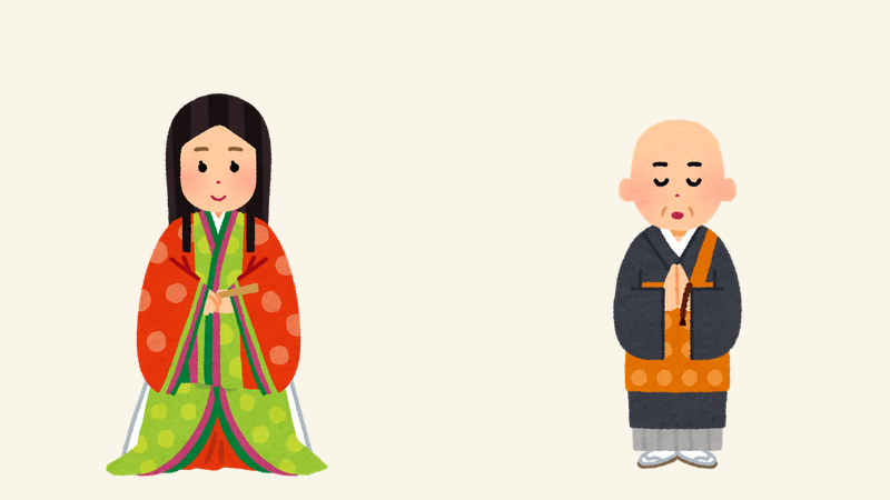 十二単の女性と僧侶＝ひらがなとカタカナの別々の生みの親