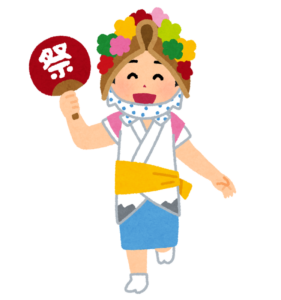 花笠にうちわを持ったねぶた祭の跳人のイラスト