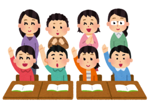大勢が手を挙げるイラスト