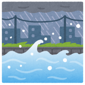 大雨で水かさが増した川と堤防