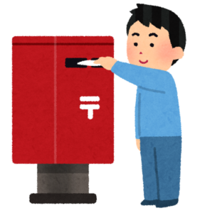 赤い郵便ポストに手紙を投函する人のイラスト
