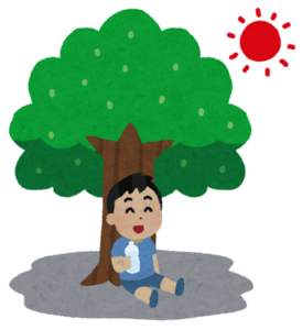 木陰で水分補給をする子どものイラスト