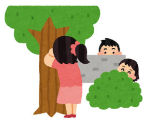 木や茂みに隠れてかくれんぼをする子どもたちのイラスト