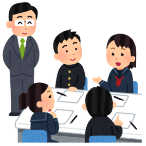 机を囲んで話し合う生徒たちと立ち会う先生のイラスト