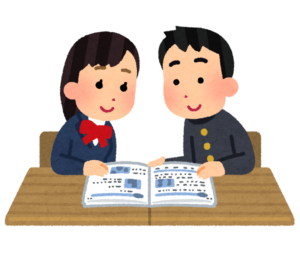 教科書を一緒にのぞき込む中学生二人のイラスト