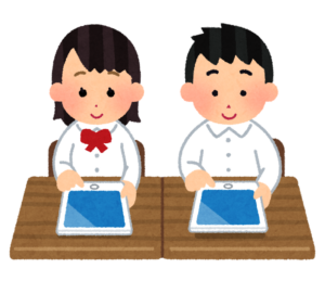タブレット端末を机に置いて操作する児童二人のイラスト
