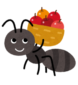 果物のかごを運ぶアリのイラスト