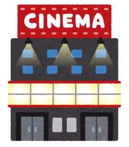 CINEMAの看板が光る映画館の建物のイラスト