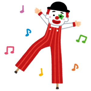 足の長い衣装で踊るピエロのイラスト