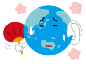 汗をかいて体温計をくわえた地球のイラスト