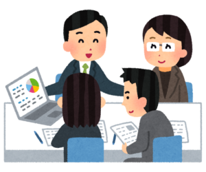 テーブルで書類を見ながら商談する会社員たちのイラスト