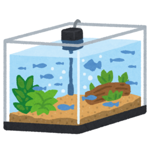 水草と小魚が入った水槽のイラスト