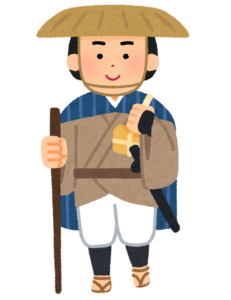 杖を持った旅装束の江戸時代の旅人のイラスト