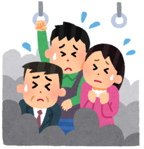 満員電車でぎゅうぎゅう詰めの人たちのイラスト