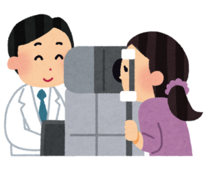 眼科で目の検査を受ける女性と医師のイラスト