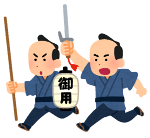 十手と御用提灯を持って走る岡っ引きのイラスト