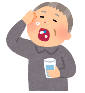 薬を水で飲んでいる高齢の男性のイラスト
