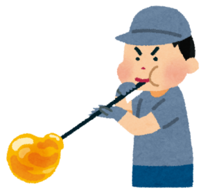 竿の先の溶けたガラスを吹いて成形するガラス職人のイラスト