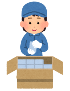 箱に詰められた製品を検品している作業員のイラスト