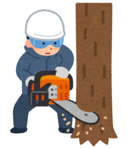 チェーンソーで木を伐る林業作業員のイラスト