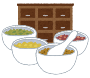 生薬を入れた白い鉢と薬棚のイラスト