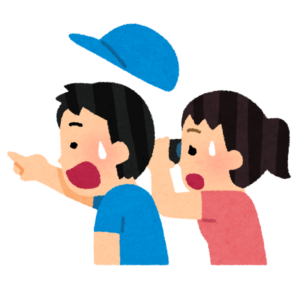 何かを見つけて指さしている子ども二人のイラスト