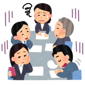 長引く会議で退屈そうにしている人たちのイラスト