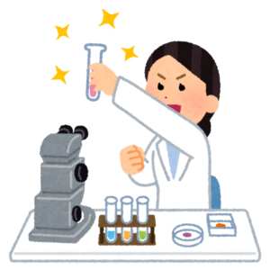 顕微鏡の横で試験管を掲げる研究者のイラスト