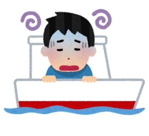 船の上で目を回して酔っている男の子のイラスト