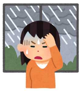 雨の窓辺で頭を押さえる女性のイラスト