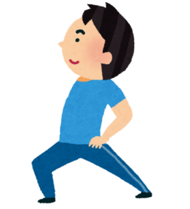 脚を前後に開いてストレッチする男性のイラスト