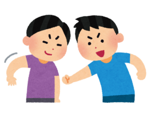後出しじゃんけんをして怒られる子どものイラスト
