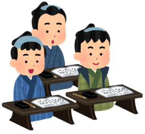寺子屋で机に向かって学ぶ子どもたちのイラスト