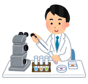 顕微鏡と試験管で実験する白衣の研究者のイラスト