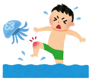 海でクラゲに足を刺されて痛がる男の子のイラスト