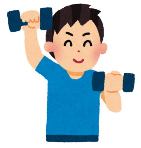 ダンベルを両手で持ち上げて筋トレをする男性のイラスト