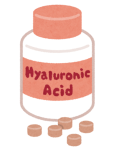 ヒアルロン酸のサプリメントの瓶と錠剤のイラスト